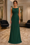 Dark Green Bateau Pleated Slit Prom Bridesmaid Dress - front