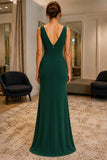 Dark Green Bateau Pleated Slit Prom Bridesmaid Dress - back