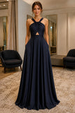 Dark Navy Halter Cutout A-Line Bridesmaid Dress - front