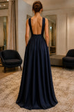 Dark Navy Halter Cutout A-Line Bridesmaid Dress - back