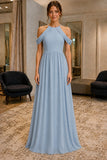 Sky Blue Cold-Shoulder Chiffon Prom Bridesmaid Dress - front