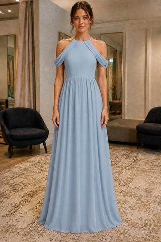 Sky Blue Cold-Shoulder Chiffon Prom Bridesmaid Dress - front