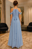 Sky Blue Cold-Shoulder Chiffon Prom Bridesmaid Dress - back