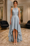 Dusty Blue Ruffled High-Low Satin Prom Evening Dress - front