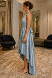 Dusty Blue Ruffled High-Low Satin Prom Evening Dress - side