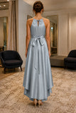 Dusty Blue Ruffled High-Low Satin Prom Evening Dress - back