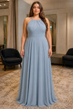 Dusty Blue Multi-Strap Backless Plus Size Prom Dress - front