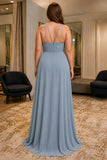 Dusty Blue Multi-Strap Backless Plus Size Prom Dress - back