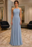 Dusty Blue Pleated Halter Chiffon Prom Bridesmaid Dress - front