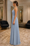 Dusty Blue Pleated Halter Chiffon Prom Bridesmaid Dress - side