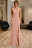 Dusty Rose Halter High Slit Backless Prom Evening Dress - front