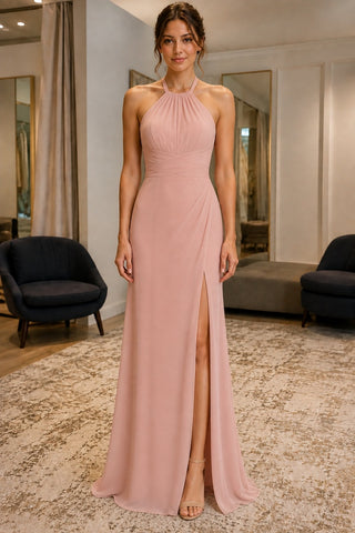 Dusty Rose Halter High Slit Backless Prom Evening Dress - front