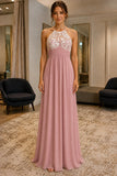 Dusty Rose Lace Halter Chiffon Prom Bridesmaid Dress - front