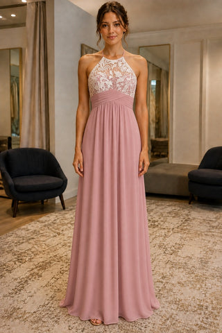 Dusty Rose Lace Halter Chiffon Prom Bridesmaid Dress - front