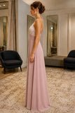 Dusty Rose Lace Halter Chiffon Prom Bridesmaid Dress - side