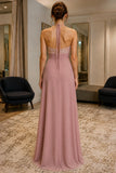 Dusty Rose Lace Halter Chiffon Prom Bridesmaid Dress - back