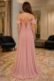 Dusty Rose Off-Shoulder Corset-Back Slit Chiffon Prom Dress - back