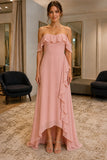 Dusty Rose Off-Shoulder High-Low Ruffle Prom Bridesmaid Dress - front