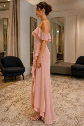 Dusty Rose Off-Shoulder High-Low Ruffle Prom Bridesmaid Dress - side