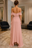 Dusty Rose Off-Shoulder High-Low Ruffle Prom Bridesmaid Dress - back