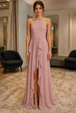 Dusty Rose Ruffle Slit Spaghetti Straps Backless Prom Dress - front