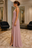 Dusty Rose Ruffle Slit Spaghetti Straps Backless Prom Dress - side