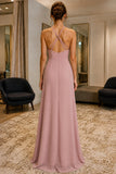 Dusty Rose Ruffle Slit Spaghetti Straps Backless Prom Dress - back