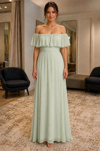 Dusty Sage Off-Shoulder Chiffon Plus Size Prom Dress - front