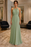 Dusty Sage Pleated Pockets Chiffon Prom Bridesmaid Dress - front