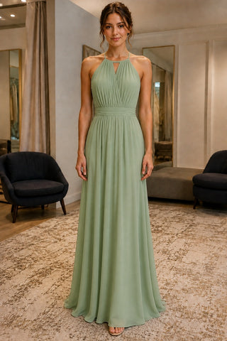 Dusty Sage Pleated Pockets Chiffon Prom Bridesmaid Dress - front