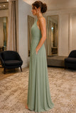 Dusty Sage Pleated Pockets Chiffon Prom Bridesmaid Dress - side