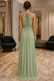 Dusty Sage Pleated Pockets Chiffon Prom Bridesmaid Dress - back