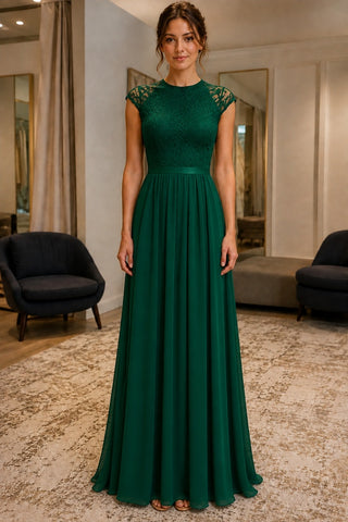 Emerald Lace Cap-Sleeve A-line Bridesmaid Dress - front