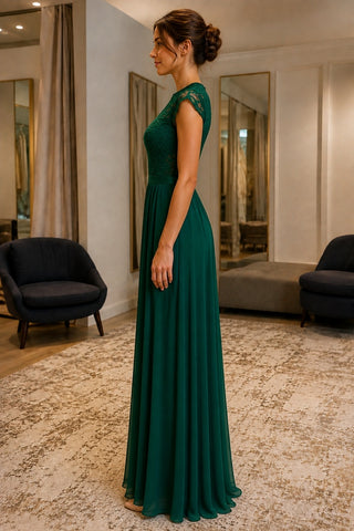 Emerald Lace Cap-Sleeve A-line Bridesmaid Dress - side