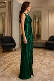 Emerald Green V-Neck Ruched Ruffle Slit Floor-Length Evening Dress - view 2