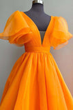 Fabulous Orange Organza Deep V-neck Formal Gown