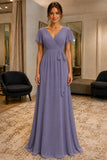 Flutter-Sleeve Cap Sleeves Chiffon Prom Bridesmaid Dress - front