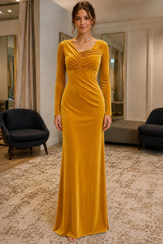 Golden Yellow Long-Sleeve Ruched Velvet Prom Evening Dress - front