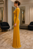 Golden Yellow Long-Sleeve Ruched Velvet Prom Evening Dress - side