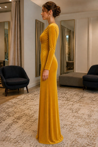 Golden Yellow Long-Sleeve Ruched Velvet Prom Evening Dress - side