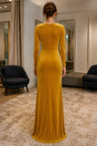 Golden Yellow Long-Sleeve Ruched Velvet Prom Evening Dress - back