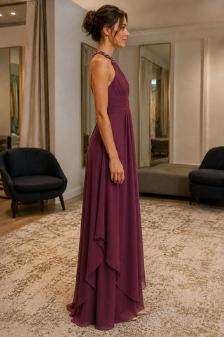 Grape Beaded Sleeveless Chiffon Prom Bridesmaid Dress - side