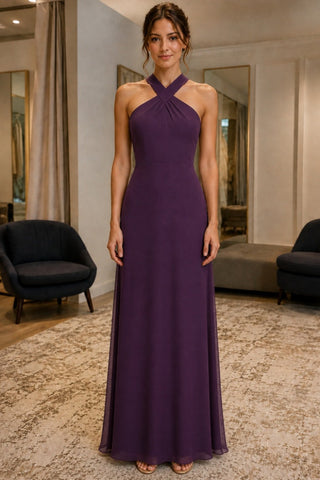 Grape Cross-Halter Chiffon Prom Bridesmaid Dress - front