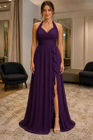 Purpel V-Halter Slit Chiffon Plus Size Prom Formal Dress - front