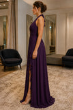 Purpel V-Halter Slit Chiffon Plus Size Prom Formal Dress - side