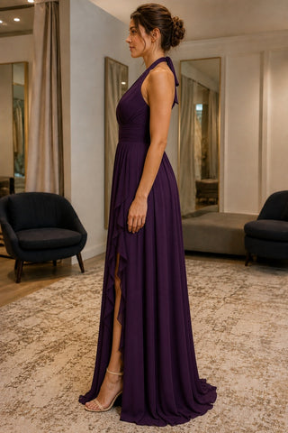 Purpel V-Halter Slit Chiffon Plus Size Prom Formal Dress - side