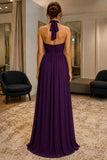 Purpel V-Halter Slit Chiffon Plus Size Prom Formal Dress - back