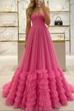 Hot Pink Strapless Sweetheart Sparkly Ruffled Prom Dress