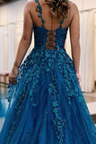 Ink Blue V-neck Tulle Applique Lace Formal Dress