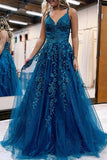 Ink Blue V-neck Tulle Applique Lace Formal Dress